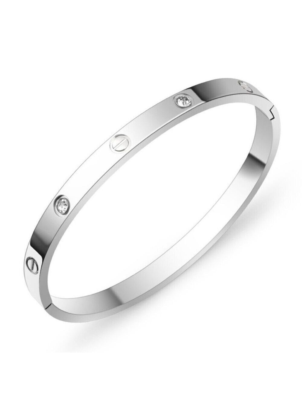 Silver Stainless Steel Bangle with Zircon Stones, Screw Motif, Stainless Steel